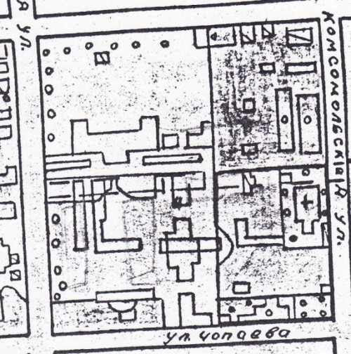 Выкопировка из Генплана Бузулука 1960 года. Крестом обозначена Петропавловская церковь